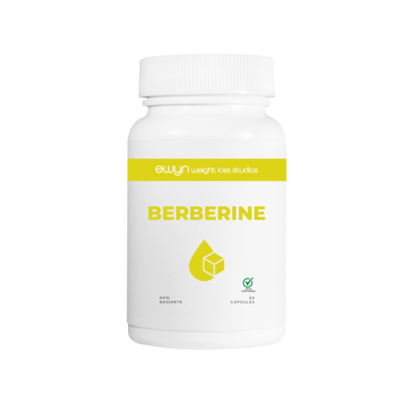 White bottle of berberine with white and lime green label.