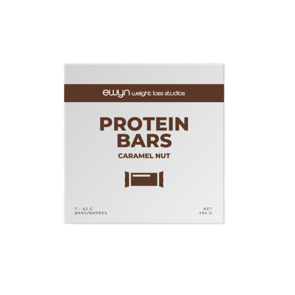 White box of protein bars with brown and white label showing Caramel Nut flavour