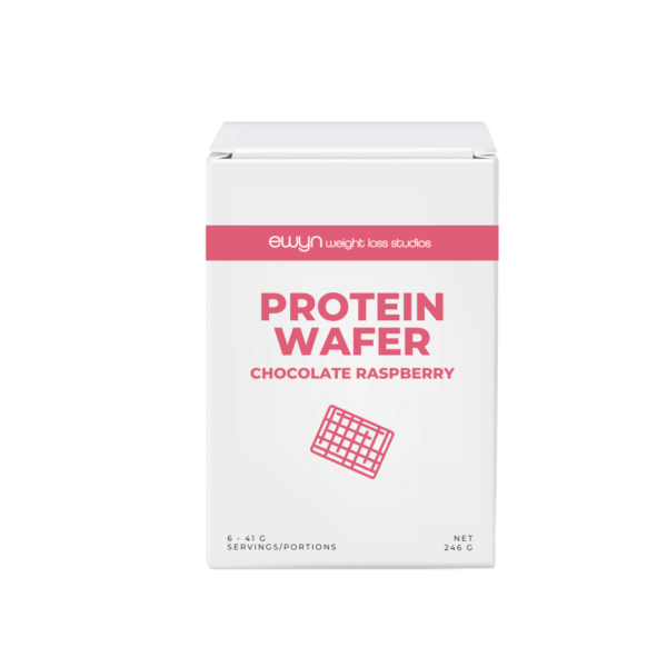 white box with pink and white label showing Chocolate Raspberry Protein Wafers.