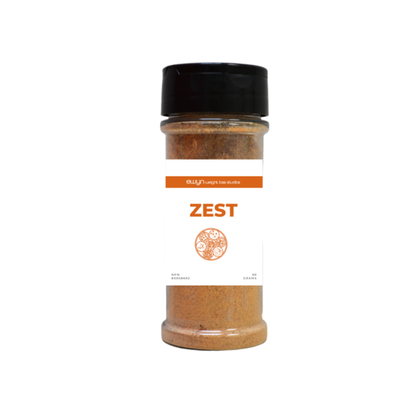 clear bottle of Zest with black cap and white and orange label. Inside is tan-coloured spice.