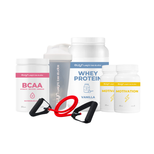 you win at home fitness bundle contents including one bottle of BCAA drink mix, one shaker bottle, one bottle of Whey Protein, two bottles of Motivation, and one fitness band.